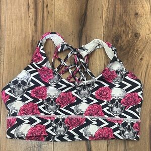 Skull and Rose Patterned Sports Bra